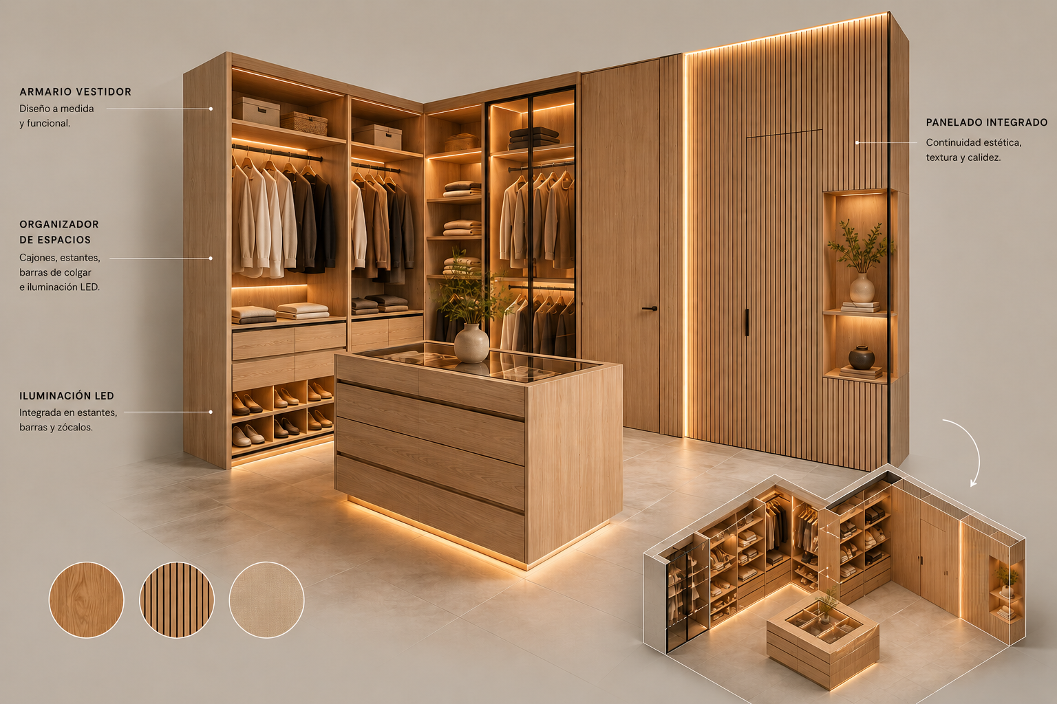 Vestidor a medida con isla central, iluminación LED y panelado integrado