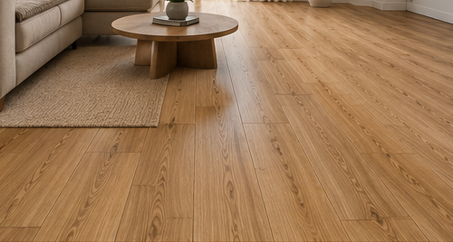 Salón cálido con suelo laminado de roble natural