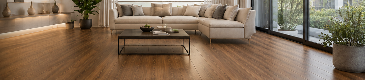 Salón con sofá y suelo laminado cálido de madera