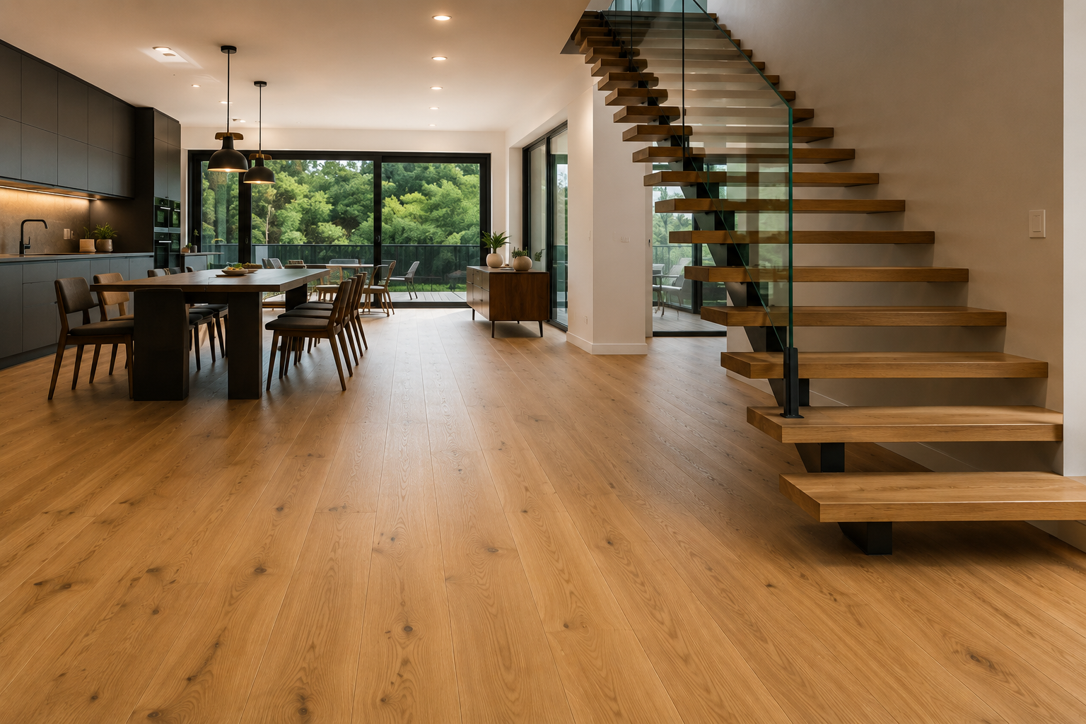 Comedor con suelo de parquet de roble y escalera de madera