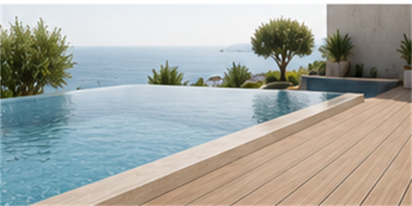Tarima junto a piscina infinita con vistas al mar