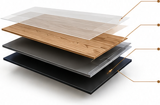 Estructura por capas de un suelo de vinilo SPC: capa de uso, capa decorativa, núcleo SPC y base acústica